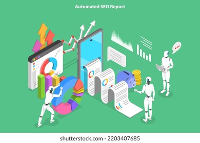3D Isometric Flat Vector Conceptual Illustration of Automated SEO Report, Website Optimization and Ranking Improvement