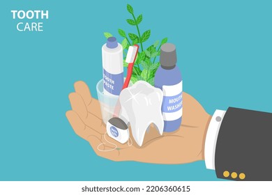 3D Isometric Flat Vector Conceptual Illustration of Tooth Care, Dental Hygiene