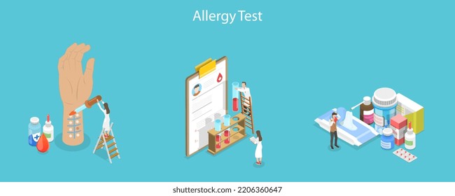 3D Isometric Flat Vector Conceptual Illustration of Allergy Testing and Treatment, Healthcare and Medicine