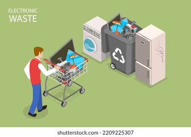 Ilustración conceptual de vectores planos isométricos 3D de desechos electrónicos, clasificación de desechos electrónicos