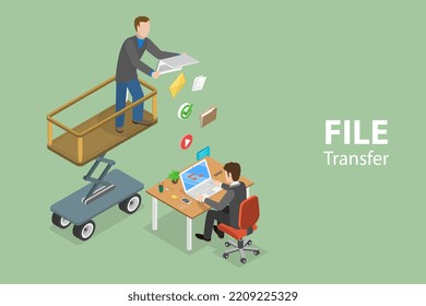 3D Isometric Flat Vector Conceptual Illustration Of File Transfer, Digital Data Sharing