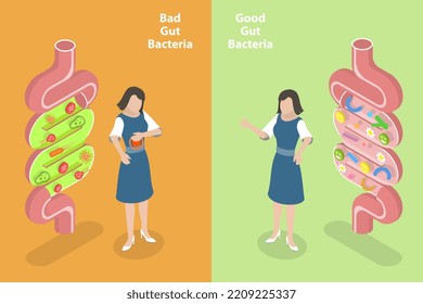 Ilustración conceptual del vector plano isométrico 3D de bacterias intestinales buenas y malas, flora intestinal, microorganismos de tracto digestivo