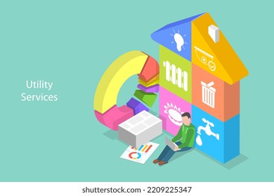 3D Isometric Flat Vector Conceptual Illustration of Utility Services, Household Utilities