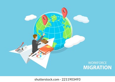 3D Isometric Flat Vector Conceptual Illustration of Workforce Migration, Drain Brain, Shortage of Skilled Workers