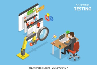 3D Isometric Flat Vector Conceptual Illustration of Software Testing, Development, Debugging and Quality Assurance