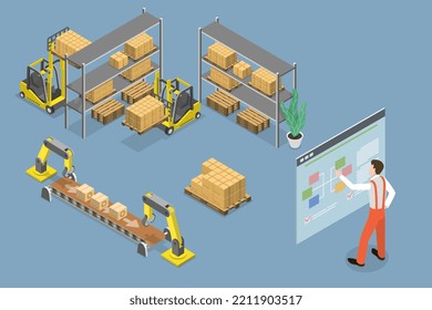 3D-Isometrisches flaches Vektordesign - Konzeptustration von Lagerhausautomatisierung, Logistik und Vertrieb