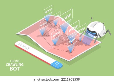 3D Isometric Flat Vector Conceptual Illustration of Engine Crawling Bot, SEO Algorithms