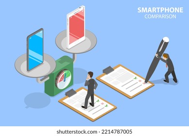 3D Isometric Flat Vector Conceptual Illustration of Smartphone Comparison, Rankings Product Features