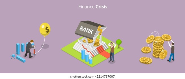 3D Isometric Flat Vector Conceptual Illustration of Finance Crisis, Bankruptcy and Lose Money