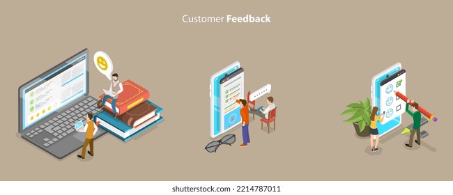 3D Isometric Flat Vector Conceptual Illustration of Customer Feedback, Client Rating Survey