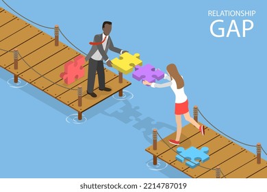 3D Isometric Flat Vector Conceptual Illustration of Relationship Gap, Megotiation and Agreement