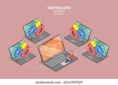 3D Isometric Flat Vector Conceptual Illustration of Centralized Database System, Cloud Computing