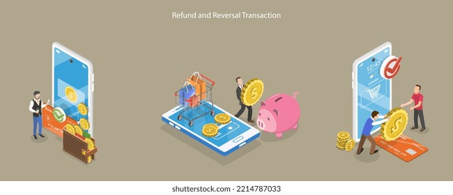 Isométrico Vector Plano 3D Ilustración conceptual de la transacción de devolución y reversión, el reembolso y el ahorro financiero