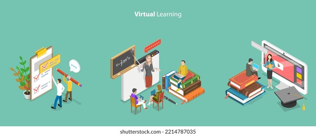 3D Isometric Flat Vector Conceptual Illustration of Virtual Learning, Education and Acquiring Knowledge