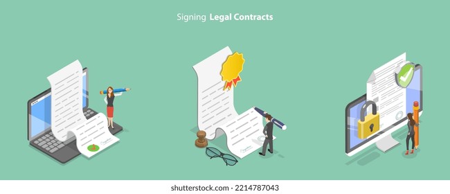 3D Isometric Flat Vector Conceptual Illustration of Signing Legal Contract, Electronic Signature