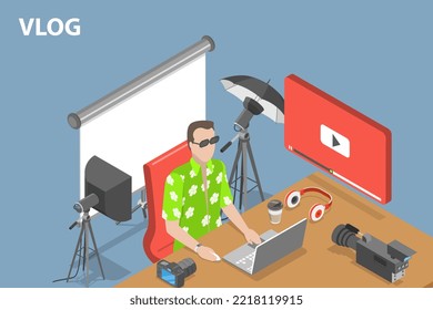 3D Isometric Flat Vector Conceptual Illustration of Vlogging, Digital Video Advertising and Media Marketing