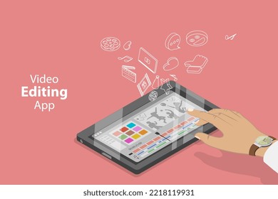 3D Isometric Flat Vector Conceptual Illustration Of Mobile Video Editing App, Online Content Creating