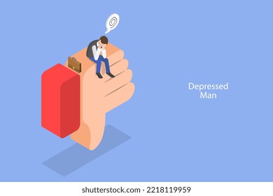 3D Isometric Flat Vector Conceptual Illustration of Depressed Man, Mental stress or Headache