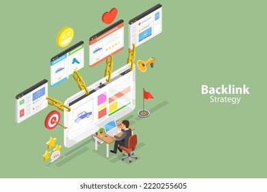 Isometric Vector plano 3D Ilustración conceptual de la estrategia de enlace hacia atrás, creación de enlaces en línea