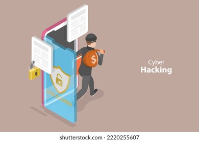 3D Isometric Flat Vector Conceptual Illustration of Cyber Hacking, Stealing Personal Information