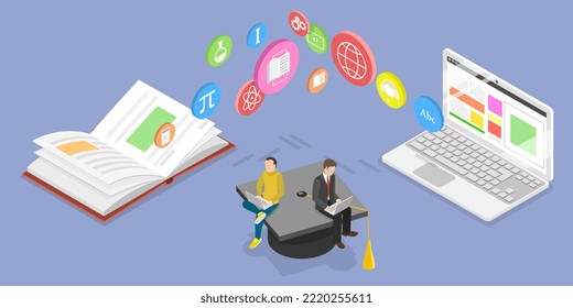 3D Isometric Flat Vector Conceptual Illustration of E-learning, Modern Online Education