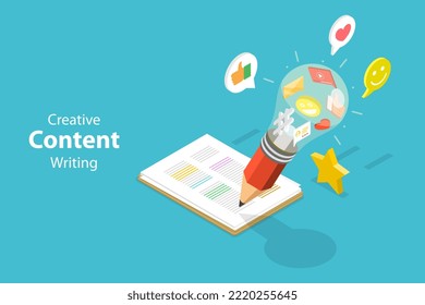 3D Isometric Flat Vector Conceptual Illustration of Creative Content Writing, Business Marketing Strategy