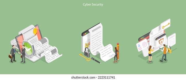 3D Isometric Flat Vector Conceptual Illustration Of Cyber Security, Digital User Agreement Signing