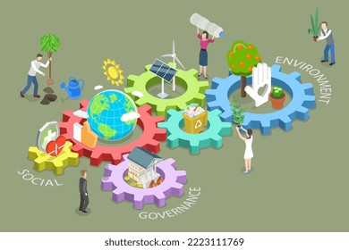 Isométrico Vector Plano 3D Ilustración conceptual de las políticas ambientales y de cambio climático, ESG como gobernanza social ambiental