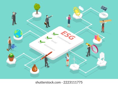 3D-Isometrisches flaches Vektordesign, konzeptuelle Illustration von ESG als Umwelt-, Sozial- und Unternehmensentwicklung, nachhaltiges Wirtschaftswachstum mit erneuerbaren Energien und natürlichen Ressourcen