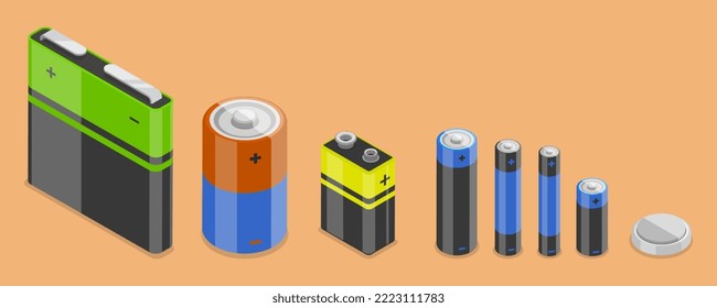 3D-Isometrisches flaches Vektordesign, Conceptual Illustration von Batteriesatz, Alkali-Akkus unterschiedlicher Größe