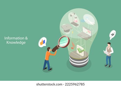 Isométrico Vector plano 3D Ilustración conceptual de la información y el conocimiento, investigación y estudio para el crecimiento personal