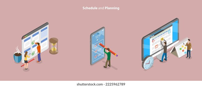 Isometric Vector Plano 3D Ilustración conceptual de planificación, citas y eventos