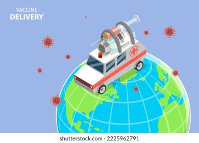 3D Isometric Flat Vector Conceptual Illustration of Vaccine Delivery, Medicines Transportation and Distribution