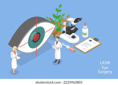 3D Isometric Flat Vector Conceptual Illustration of LASIK Eye Surgery, Ophthalmology and Vision Medical Correction