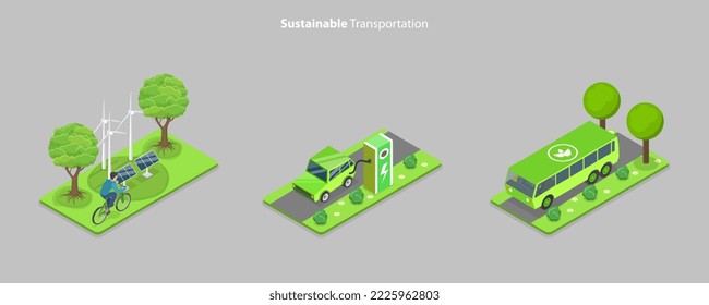 Isométrico Vector plano 3D Ilustración conceptual del transporte sostenible, vehículos ecológicos