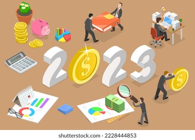 3D Isometric Flat Vector Conceptual Illustration of New Year 2023 And Financial Audit, Company Performance, Analysis And Statistics