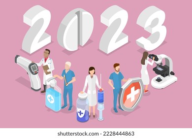 3D Isometric Flat Vector Conceptual Illustration of New Year 2023 And Medicine, Template For Medical Poster Or Calendar