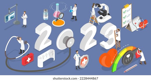 3D Isometric Flat Vector Conceptual Illustration of Healthcare And Medicine In New Year 2023, Medical Web Banner