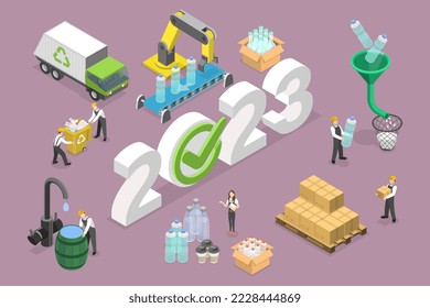 3D Isometric Flat Vector Conceptual Illustration of New Year 2023 And Plastics Recycling, Reducing Pollution And Waste, Saving The Earth