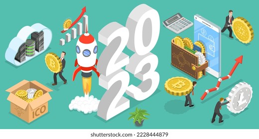 3D Isometric Flat Vector Conceptual Illustration of New Year 2023 Cryptocurrency Trends, Digital Money And Blockchain Technology