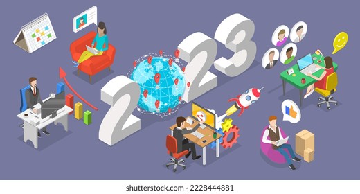 3D Isometric Flat Vector Conceptual Illustration of New Year 2023 And IT Outsourcing Trends, Company Remote Management