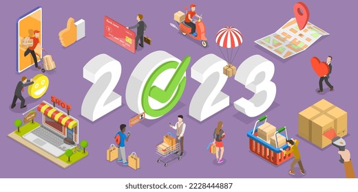 3D Isometric Flat Vector Conceptual Illustration of E-commerce Trends In New Year 2023, Online Shopping And Retail Perspectives In Nearest Future