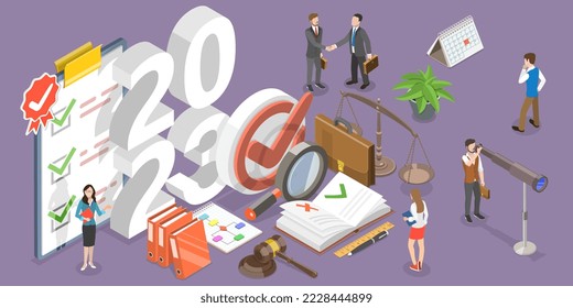 3D Isometric Flat Vector Conceptual Illustration of Regulatory Compliance In New Year 2023, Trends And Prospects