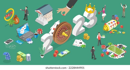 3D Isometric Flat Vector Conceptual Illustration of New Year 2023 And Online Casino Industry Trends, Digital Gambling Platform