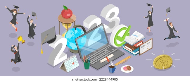 3D Isometric Flat Vector Conceptual Illustration of 2023 - Academical Year Online, Distance Courses And E-learning, Back To Digital School
