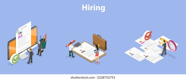 3D Isometric Flat Vector Conceptual Illustration of Hiring Process Set, HR Recruitment Scenes