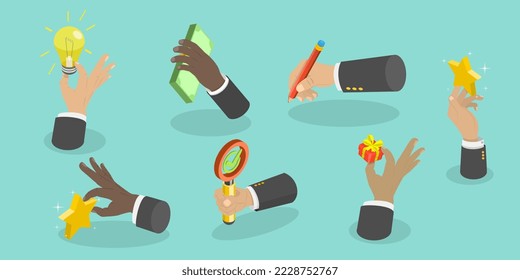 3D Isometric Flat Vector Conceptual Illustration of Hand Gesture Set, Human Hands Holding Different Objects