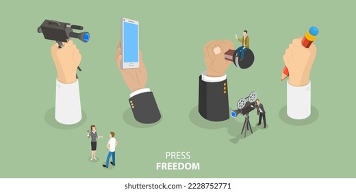 3D Isometric Flat Vector Conceptual Illustration of Press Freedom, Fundamental Human Rights