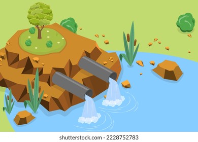 Vector plano isométrico 3D Ilustración conceptual de la contaminación por aguas residuales, daños ecológicos por aguas residuales