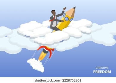 3D Isometric Flat Vector Conceptual Illustration of Creative Thinking and Writing, Unlocking Imagination